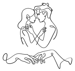 Vector minimalist continuous line drawing illustration of a couple in love. Hand-drawn linear art with simple, thin outlines. perfect for valentine's, wedding invitations, romantic logos