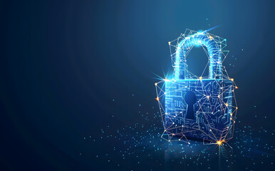 A glowing polygonal wireframe padlock crafted from dots and lines on a blue background, representing cybersecurity and modern digital protection concepts