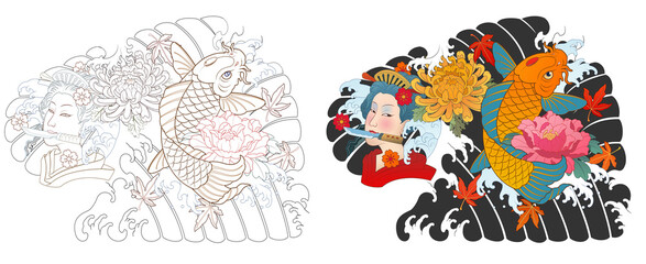 Hanya, carp, Japanese irezumi style tattoo design, chest short sleeve. line art work 건대타투 타투달 잉어, 한야 문신도안, 타투도안