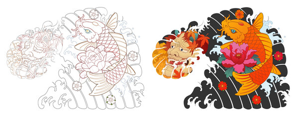 Obraz premium Hanya, carp, Japanese irezumi style tattoo design, chest short sleeve. line art work 건대타투 타투달 잉어, 한야 문신도안, 타투도안