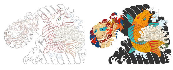 Hanya, carp, Japanese irezumi style tattoo design, chest short sleeve. line art work 건대타투 타투달 잉어, 한야 문신도안, 타투도안
