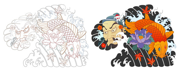 Hanya, carp, Japanese irezumi style tattoo design, chest short sleeve. line art work 건대타투 타투달 잉어, 한야 문신도안, 타투도안