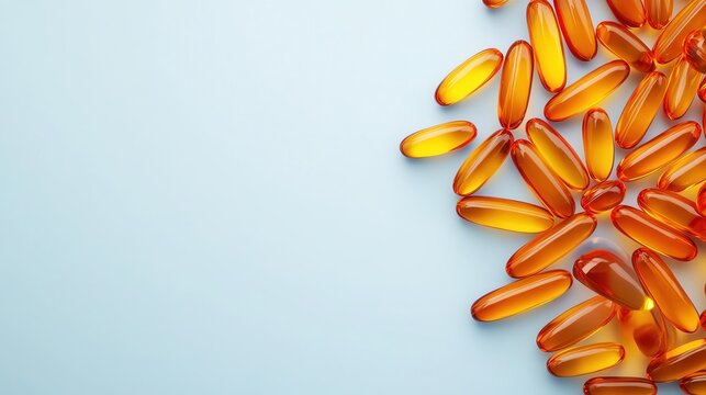 Close-up of scattered orange softgel capsules on a light blue background. Health supplement and pharmaceutical concept.