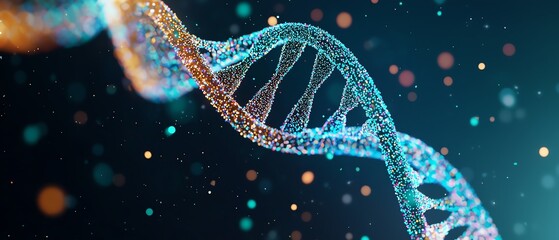 Close-up of a digital rendering of a DNA double helix structure on a dark background, highlighting intricate details of genetic information.