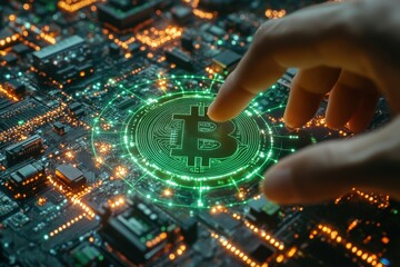 Obraz premium Biometric crypto access, human fingerprint engaging encrypted Bitcoin symbol on futuristic circuit board, showcasing blockchain control, secure authentication protocol, and resilient digital finance