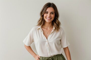 Woman happy in a white shirt and olive pants posing against a plain backdrop 