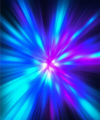 Obraz premium Abstract background in blue and purple neon glow colors on black. Speed of light in galaxy. Explosion in universe.