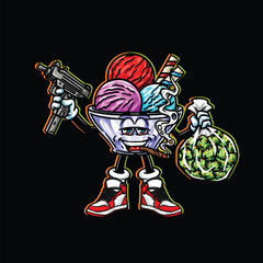 weed smoking character cartoon mascot logo leaf face happy with fruit strain object ice cream gelato holding gun