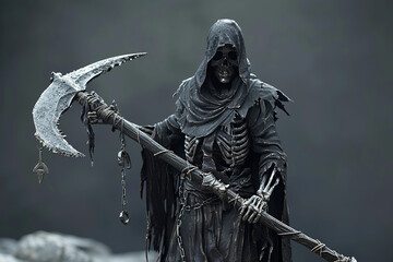Fototapeta premium Scary grim reaper with scythe in hell on dark background with dramatic background