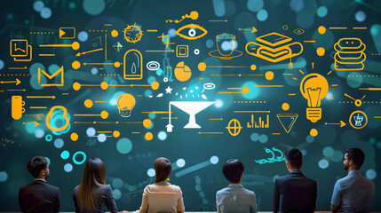 A modern workspace featuring digital icons representing education, technology, and business, including a graduation cap, light bulb, and laptop, symbolizing the integration of learning and innovation