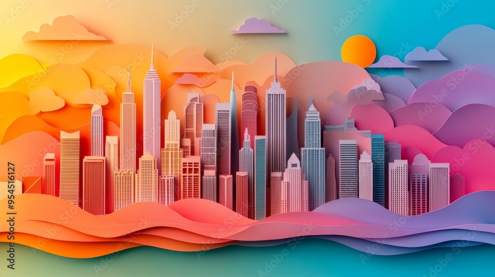 Wall mural Luminous Cityscape Cutout - Whimsical 3D Rendering of Famous City Skyline at Sunset