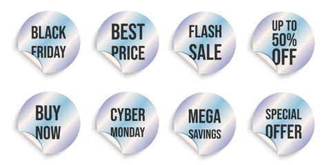 Holographic Black Friday sticker set for web social media online shopping. Modern emblem for Sale. Vector illustration for business advertising design. EPS 10