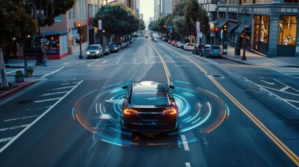 Fototapeta premium Autonomous car navigating a city street using IoT technology for traffic updates and route optimization, Internet of Things, smart transportation