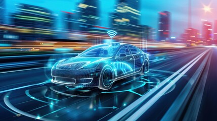 Autonomous car navigating a city street using IoT technology for traffic updates and route optimization, Internet of Things, smart transportation