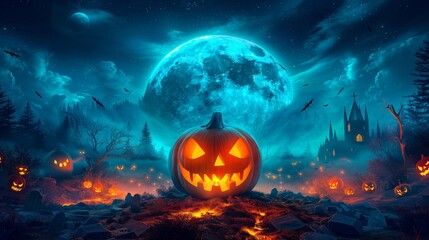 Happy Halloween celebration pumpkin and dark castle with graveyard Full Moon spooky night. 