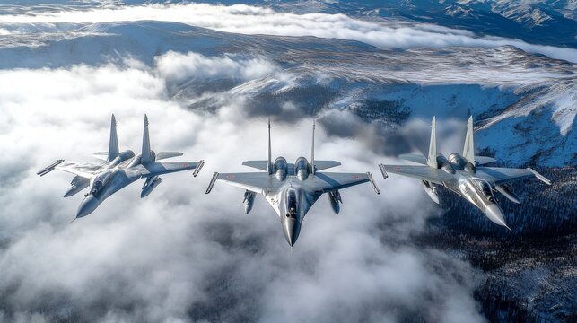 Three Su35 jets flying in formation above mountainous landscape, surrounded by clouds, showcasing their sleek design and powerful presence.