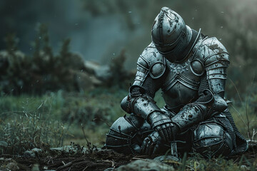 A fantastic royal knight in armor guards the castle chambers