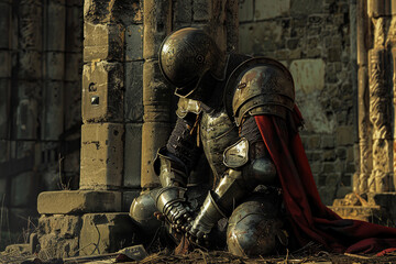 A fantastic royal knight in armor guards the castle chambers