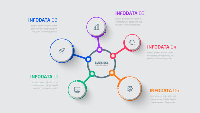 Business infographic template with Central Circle Line label 5 options and icon for presentation