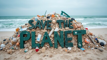 Save the planet message on beach amidst garbage pile