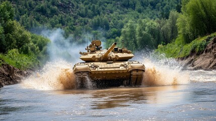 A T90 tank crosses river, creating dramatic splash as it navigates through water. scene captures power and agility of military machinery in natural setting.