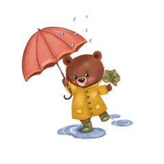 Cute teddy bear in coat with umbrella. Drawing. Hand painted illustration isolated on white background. Cartoon, funny animal. Poster, print, greeting card. Autumn, rain