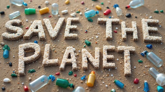Save the planet message surrounded by plastic bottles on a sandy beach