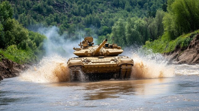A T90 tank crosses river, creating dramatic splash as it navigates through water. scene captures power and agility of military machinery in natural setting.