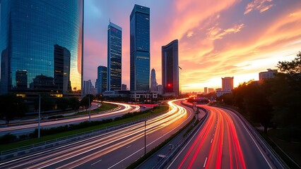 Fototapeta premium Stunning cityscape at dusk featuring illuminated skyscrapers and dynamic light trails from traffic, capturing the vibrant energy of urban life.