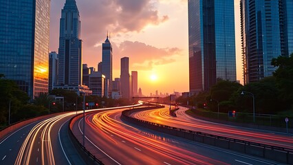 Stunning cityscape at dusk featuring illuminated skyscrapers and dynamic light trails from traffic, capturing the vibrant energy of urban life.