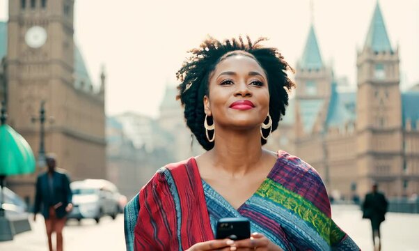 Malawian Woman Smiling While Using Mobile Phone in London
