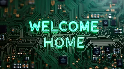 Fototapeta premium Welcome home message glowing over a detailed circuit board