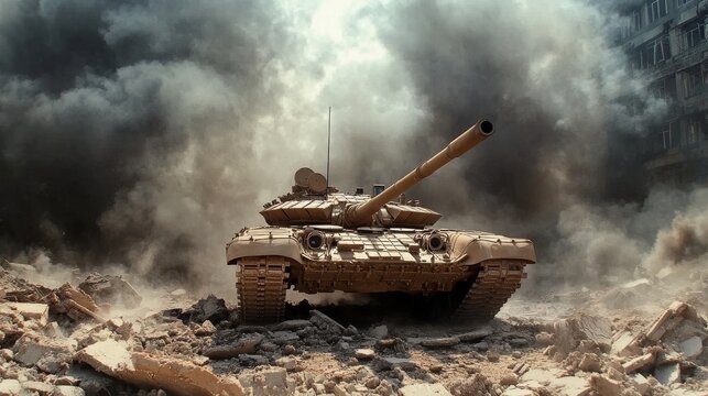 A T90 tank maneuvers through urban rubble, surrounded by smoke and destruction, showcasing its power in combat.