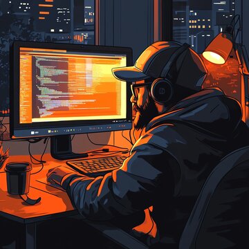 Man coding on computer at night with city view.