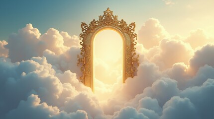 Ethereal golden gate surrounded by clouds in a heavenly sky