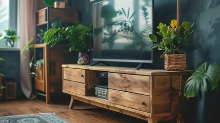 TV Stand: A robust, low-profile piece of furniture that holds your TV, offering additional storage for electronics, DVDs, and gaming consoles, keeping everything organized.
