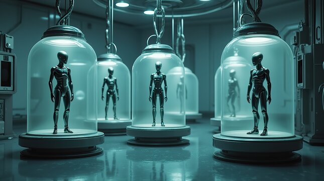 Futuristic alien lab with humanoid figures in glass containers