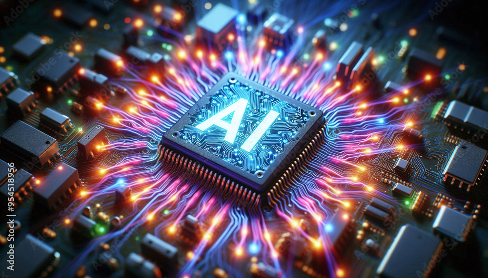 Poster AI word on microchip and colorful light spread with strong beam