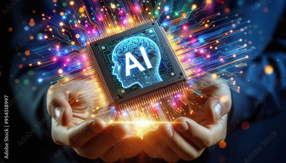 Poster AI word on microchip and colorful light spread with strong beam