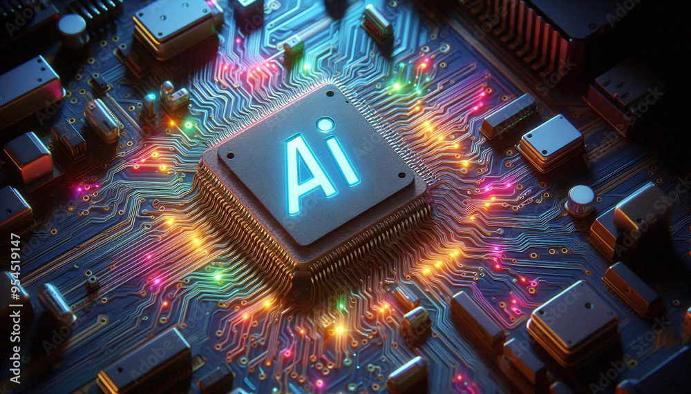 Poster AI word on microchip and colorful light spread with strong beam