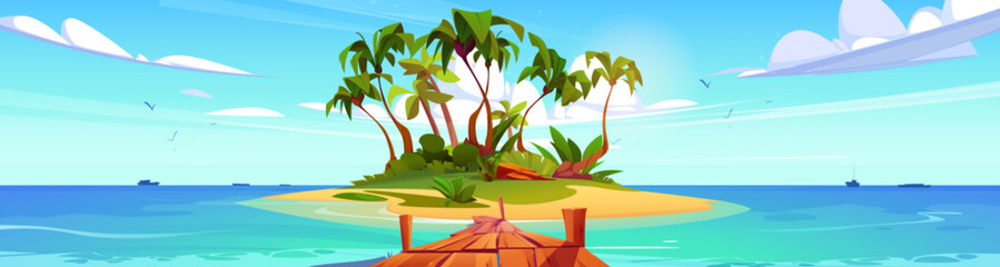 Wooden pier on tropical island beach. Vector cartoon illustration of green palm trees and exotic plants growing on sandy piece of land washed by blue ocean water, ships on horizon, birds in sunny sky © klyaksun