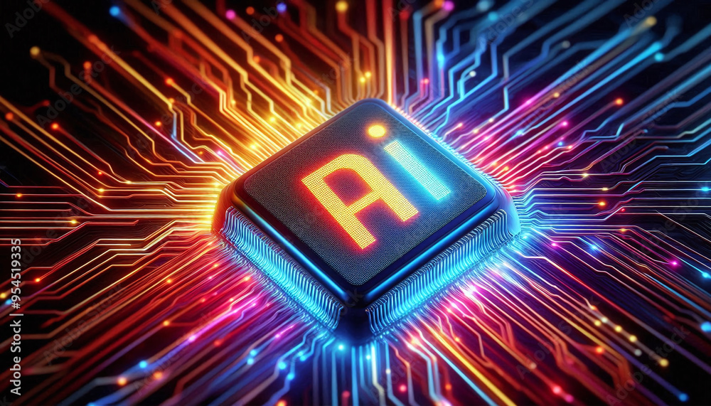 Poster AI word on microchip and colorful light spread with strong beam
