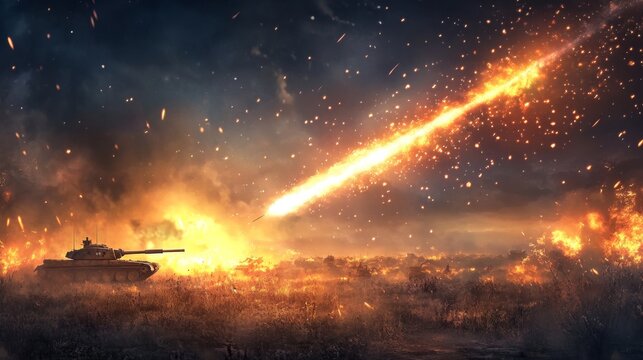 A tank fires an anti tank missile, creating fiery exhaust trail in dramatic battlefield scene. explosion lights up dark sky, evoking sense of intensity and chaos.