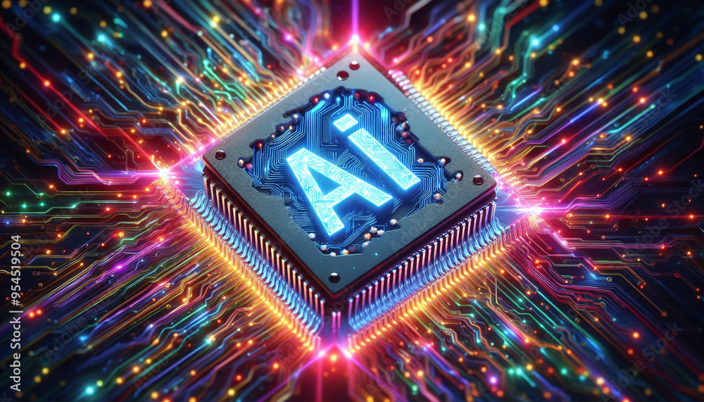 Poster AI word on microchip and colorful light spread with strong beam