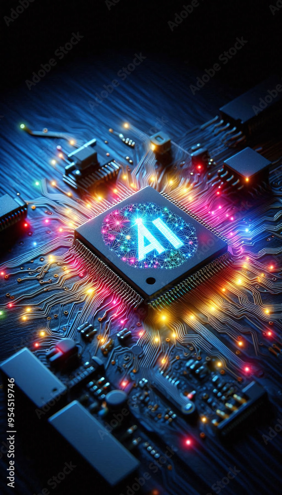Poster AI word on microchip and colorful light spread with strong beam