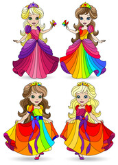 A set of illustrations in stained glass style with Princess girls in bright dresses, isolated on a white background