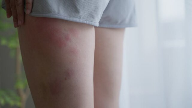 太ももの湿疹を掻きむしる女性