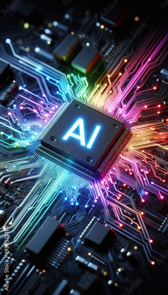 Poster AI word on microchip and colorful light spread with strong beam