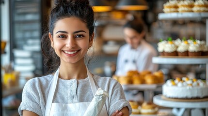 a young female pastry chef in a bakery kitchen, perfect for marketing and promotional purposes.