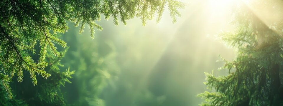  The sun illuminates a pine tree in the forest, its verdant needles adorning every branch
